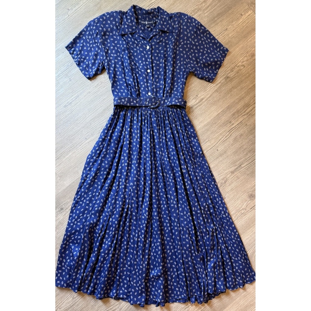 Vintage Ralph Lauren Blue White Geometric Shirt Dress Belted Midi Rayon Size 10
